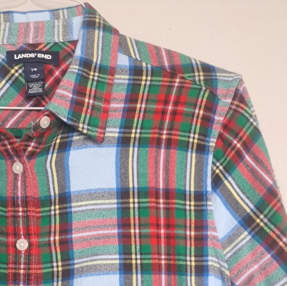 Land’s End Flannel Button-down Shirt Women's Sz 14 Large Plaid Long Slveeve - Picture 14 of 16